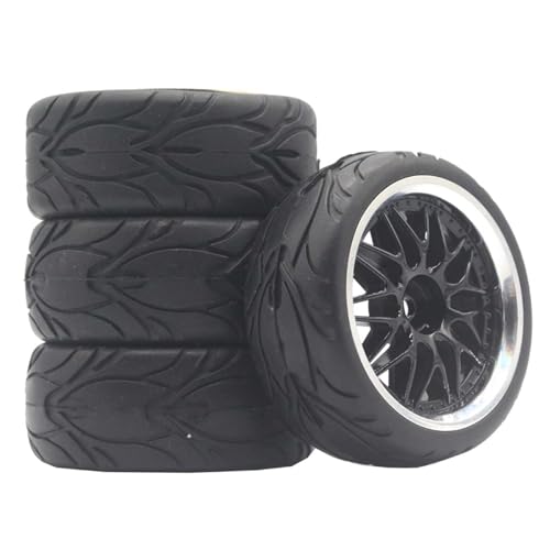 KINGCOO RC Auto Reifen und Räder Set, 4Stück Gummireifen und 10Y-förmig Kunststoff Rad Felgen für 1/10 RC On-Road Run-Flating Touring Racing Auto TT01 TT02 (Schwarz Silber, D) von KINGCOO