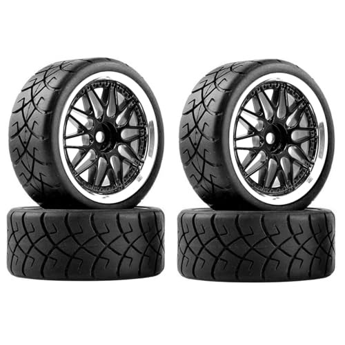KINGCOO RC Auto Reifen und Räder Set, 4Stück Gummireifen und 10Y-förmig Kunststoff Rad Felgen für 1/10 RC On-Road Run-Flating Touring Racing Auto TT01 TT02 (Schwarz Silber, H) von KINGCOO