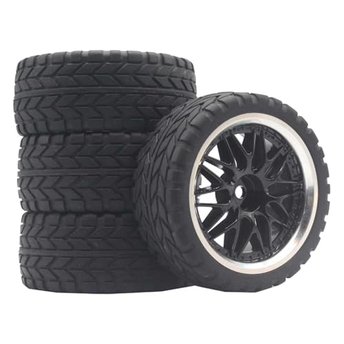 KINGCOO RC Auto Reifen und Räder Set, 4Stück Gummireifen und 10Y-förmig Kunststoff Rad Felgen für 1/10 RC On-Road Run-Flating Touring Racing Auto TT01 TT02 (Schwarz Silber, J) von KINGCOO