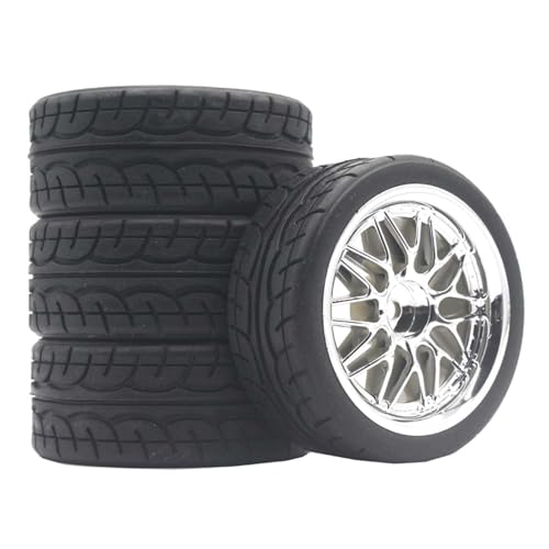 KINGCOO RC Auto Reifen und Räder Set, 4Stück Gummireifen und 10Y-förmig Kunststoff Rad Felgen für 1/10 RC On-Road Run-Flating Touring Racing Auto TT01 TT02 (Silber, C) von KINGCOO