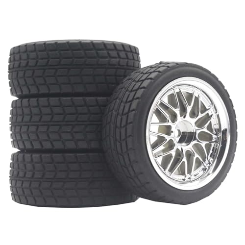 KINGCOO RC Auto Reifen und Räder Set, 4Stück Gummireifen und 10Y-förmig Kunststoff Rad Felgen für 1/10 RC On-Road Run-Flating Touring Racing Auto TT01 TT02 (Silber, F) von KINGCOO