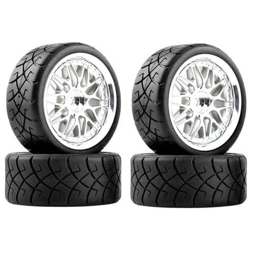 KINGCOO RC Auto Reifen und Räder Set, 4Stück Gummireifen und 10Y-förmig Kunststoff Rad Felgen für 1/10 RC On-Road Run-Flating Touring Racing Auto TT01 TT02 (Silber, H) von KINGCOO