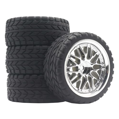 KINGCOO RC Auto Reifen und Räder Set, 4Stück Gummireifen und 10Y-förmig Kunststoff Rad Felgen für 1/10 RC On-Road Run-Flating Touring Racing Auto TT01 TT02 (Silber, J) von KINGCOO