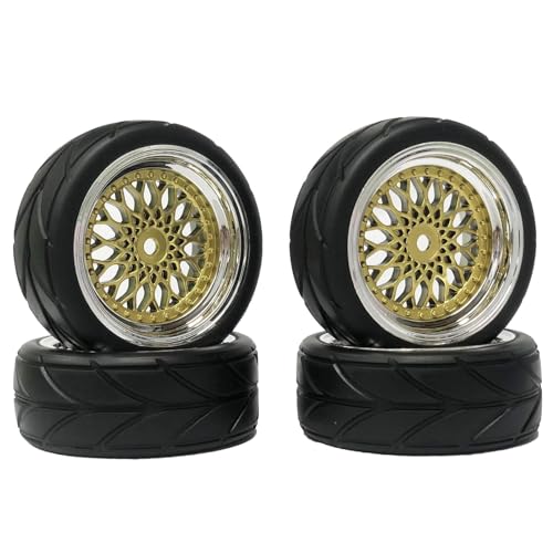 KINGCOO RC Autoreifen und Räder Set, 4Stück 64mm Gummireifen und Kunststoffbeschichtung Felge 12mm Sechskant für 1/10 RC On Road Touring Racing Drift Autoreife (Gold/Silber, Einpresstiefe 3MM) von KINGCOO