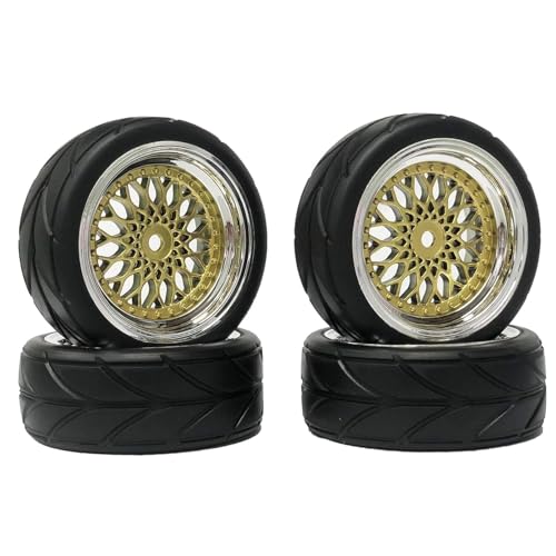 KINGCOO RC Autoreifen und Räder Set, 4Stück 64mm Gummireifen und Kunststoffbeschichtung Felge 12mm Sechskant für 1/10 RC On Road Touring Racing Drift Autoreife (Gold/Silber, Einpresstiefe 9MM) von KINGCOO