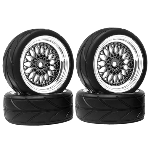 KINGCOO RC Autoreifen und Räder Set, 4Stück 64mm Gummireifen und Kunststoffbeschichtung Felge 12mm Sechskant für 1/10 RC On Road Touring Racing Drift Autoreife (Schwarz/Silber, Einpresstiefe 9MM) von KINGCOO