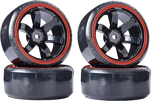 KINGCOO RC Drift Auto Rad und Reifen, 4PCS 63mm Harte Reifen Kunststoff Felgen für 1/10 Traxxas HSP Tamiya HPI Kyosho On-Road Racing Driften Auto Ersatzteile (Schwarz/Rot) von KINGCOO