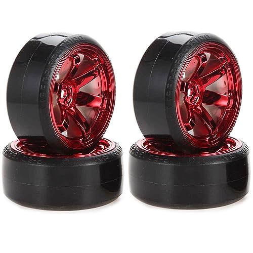 KINGCOO RC Drift Auto Rad und Reifen, 4PCS 63mm Harte Reifen Kunststoff Felgen für 1/10 On-Road Racing Driften Auto Ersatzteile für HSP Tamiya HPI Kyosho (Rot) von KINGCOO
