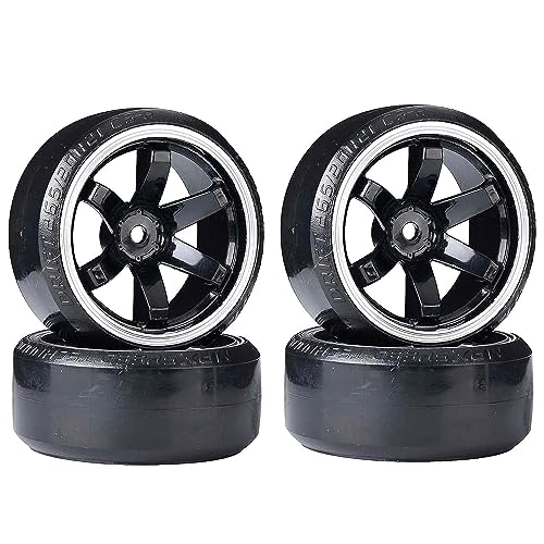 KINGCOO RC Drift Auto Rad und Reifen, 4PCS 63mm Harte Reifen Kunststoff Felgen für 1/10 On-Road Racing Driften Auto Ersatzteile für HSP Tamiya HPI Kyosho (Schwarz/Silber) von KINGCOO