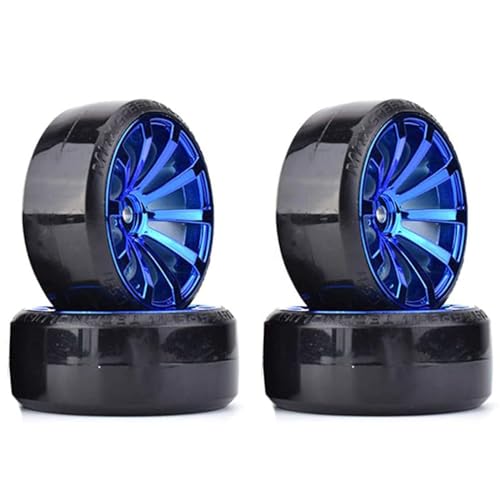 KINGCOO RC Drift Auto Rad und Reifen, 4PCS 63mm Harte Reifen und 10-Speichen Kunststoff Räder Felgen für HSP Tamiya HPI Kyosho 1/10 On-Road Racing Driften Auto Ersatzteile (Blau) von KINGCOO