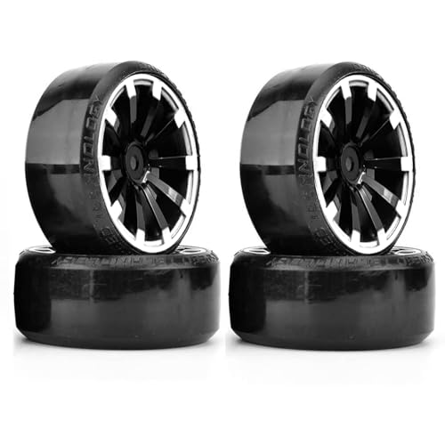 KINGCOO RC Drift Auto Rad und Reifen, 4PCS 63mm Harte Reifen und 10-Speichen Kunststoff Räder Felgen für Traxxas HSP Tamiya HPI Kyosho 1/10 On-Road Racing Driften Auto Ersatzteile (Schwarz/Silber) von KINGCOO