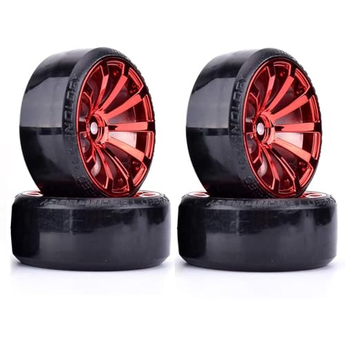 KINGCOO RC Drift-Autorad und Reifen, 4 Stück, 63 mm, harte Reifen, 10 Speichen, Kunststofffelgen für 1/10 On-Road-Rennen, Drifting-Auto-Ersatzteile für Traxxas, HSP, Tamiya, HPI Kyosho (rot) von KINGCOO