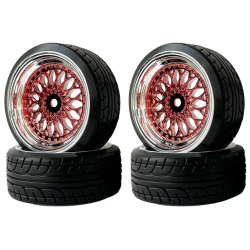 KINGCOO RC Drift Autoreifen, 4Stück 62mm Hart Drift Kunststoff Rad Reifen Felgen für 1:10 RC On Road Run-Flating Renn Driftwagen für Tamiya HSP HPI Kyosho Ersatzteile (Rot Silber, Offset 3mm) von KINGCOO