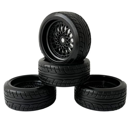 KINGCOO RC Drift Autoreifen, 4Stück 62mm Hart Drift Kunststoff Rad Reifen Felgen für 1:10 RC On Road Run-Flating Renn Driftwagen für Tamiya HSP HPI Kyosho Ersatzteile (Schwarz, Offset 9mm) von KINGCOO