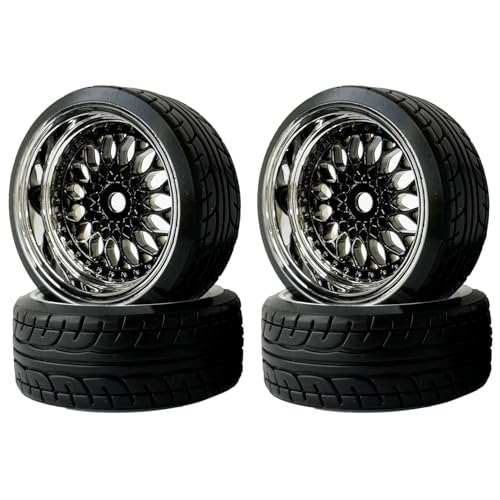 KINGCOO RC Drift Autoreifen, 4Stück 62mm Hart Drift Kunststoff Rad Reifen Felgen für 1:10 RC On Road Run-Flating Renn Driftwagen für Tamiya HSP HPI Kyosho Ersatzteile (Schwarz Silber, Offset 9mm) von KINGCOO