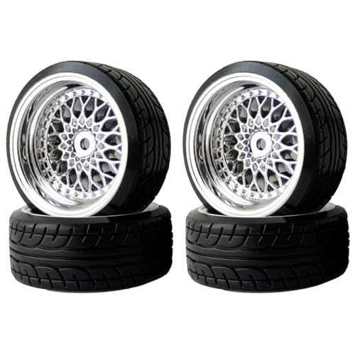 KINGCOO RC Drift Autoreifen, 4Stück 62mm Hart Drift Kunststoff Rad Reifen Felgen für 1:10 RC On Road Run-Flating Renn Driftwagen für Tamiya HSP HPI Kyosho Ersatzteile (Silber, Offset 9mm) von KINGCOO