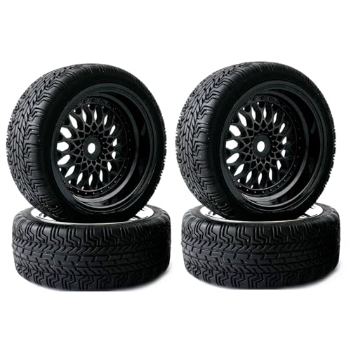 KINGCOO RC Drift Autoreifen, 4Stück 65mm Gummireifen und Kunststoffbeschichtung Räder Reifen Felgen Set für 1/10 RC On-Road Touring Rennwagen für HSP HPI Kyosho Tamiya (Schwarz, Offset:9mm) von KINGCOO