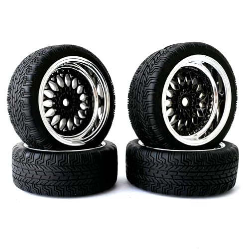 KINGCOO RC Drift Autoreifen, 4Stück 65mm Gummireifen und Kunststoffbeschichtung Räder Reifen Felgen Set für 1/10 RC On-Road Touring Rennwagen für HSP HPI Kyosho Tamiya (Schwarz Silber, Offset:9mm) von KINGCOO