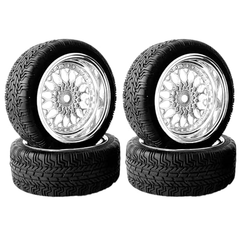 KINGCOO RC Drift Autoreifen, 4Stück 65mm Gummireifen und Kunststoffbeschichtung Räder Reifen Felgen Set für 1/10 RC On-Road Touring Rennwagen für HSP HPI Kyosho Tamiya (Silber, Offset:6mm) von KINGCOO