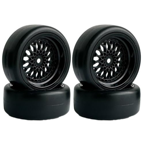 KINGCOO RC Drift Autoreifen und Felge, 63mm RC Hartreifen Drift Kunststoffbeschichtung Rad Felgen für 1:10 RC On Road Run-Flating Racing Car für Tamiya HSP HPI Kyosho (Schwarz, Offset:9mm) von KINGCOO