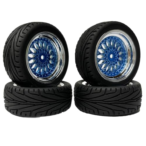 RC Auto Reifen und Räder Set,KINGCOO 4Stück 65mm Gummireifen Kunststoffbeschichtung Rad Felgen 12mm Hex für 1/10 RC On-Road Run-Flating Touring Racing Auto (Blau Silber) von KINGCOO