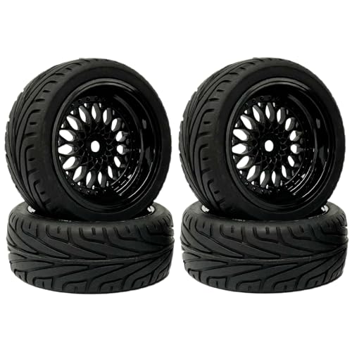 RC Auto Reifen und Räder Set,KINGCOO 4Stück 65mm Gummireifen Kunststoffbeschichtung Rad Felgen 12mm Hex für 1/10 RC On-Road Run-Flating Touring Racing Auto (Schwarz) von KINGCOO