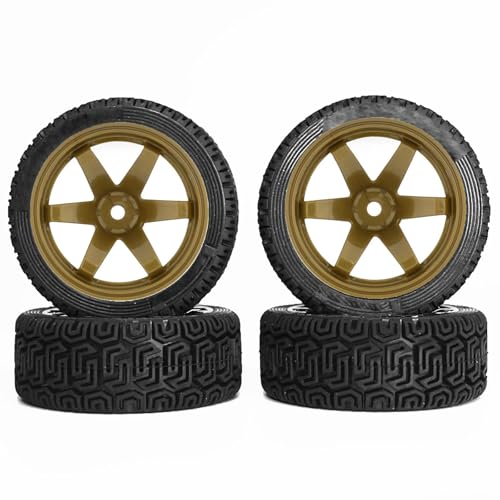 RC Auto Reifen und Räder Set,KINGCOO 4Stück 68mm Gummireifen und 6 Speichen Felgen Rad für 1/10 RC On-Road Racing Auto 1/16 RC Rallye Auto für HSP HPI Kyosho Tamiya (Gold) von KINGCOO