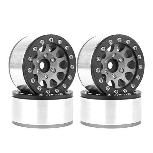 RC Radnabe,KINGCOO 4Stück Aluminiumlegierung 1,55 Beadlock Felgen Naben Räder Ersatzteile für 1/10 1/18 RC Crawler Auto für Tamiya HSP HPI Kyosho D90 TF2 1.55" Reifen (Schwarz Grau) von KINGCOO