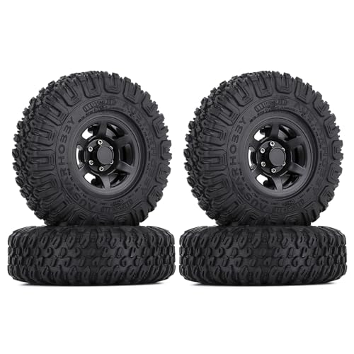 RC Reifen Set,KINGCOO 4Stück 1,55inch RC Gummireifen mit Kunststoff Beadlock Felgen Räder Set für 1/10 RC Crawler Car für Axial AX90069 D90 TF2 Tamiya CC01 LC70 JIMNY Upgrade-Teile (85MM-Schwarz) von KINGCOO
