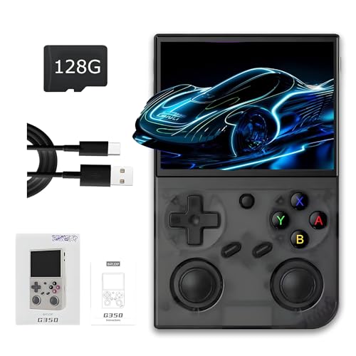 G350 Retro Handheld Spielkonsole 64G, Video Emulator Spielkonsole 4000+ Retro Spiele 20+ Emulatoren, 3.5″ OCA voll laminierter Bildschirm, 640*480, Support WiFi, 3D Dual Joystick(Schwarz Transluzent) von KINMRIS