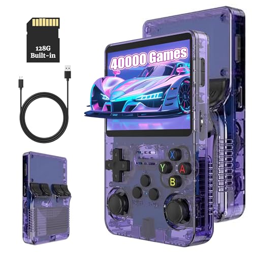 KINMRIS R36S Retro Handheld Spielkonsole, Retro Konsole 3,5-Zoll-IPS-Bildschirm, 128 G über 40.000 Spiele, tragbare Spielkonsole für Kinder und Erwachsene, unterstützt mehrere Emulatoren (Lila) von KINMRIS