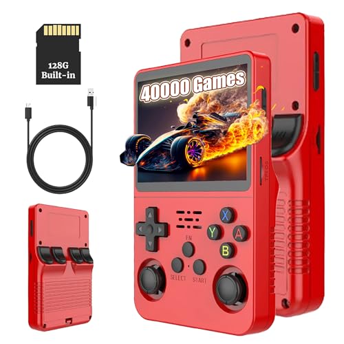 KINMRIS R36S Retro Handheld Spielkonsole, Retro Konsole 3,5-Zoll-IPS-Bildschirm, 128 G über 40.000 Spiele, tragbare Spielkonsole für Kinder und Erwachsene, unterstützt mehrere Emulatoren (Dunkelrot) von KINMRIS