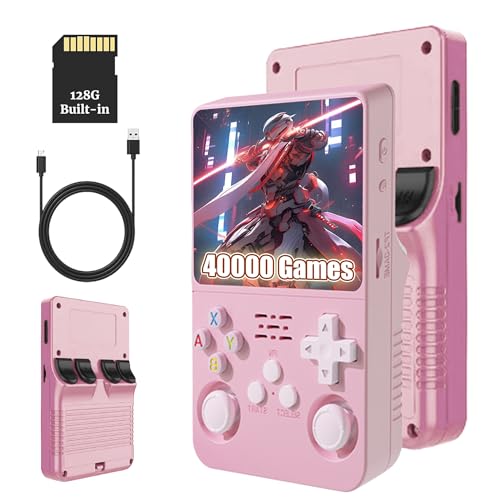 KINMRIS R36S Retro Handheld Spielkonsole, Retro Konsole 3,5-Zoll-IPS-Bildschirm, 128 G über 40.000 Spiele, tragbare Spielkonsole für Kinder und Erwachsene, unterstützt mehrere Emulatoren (Rosa) von KINMRIS