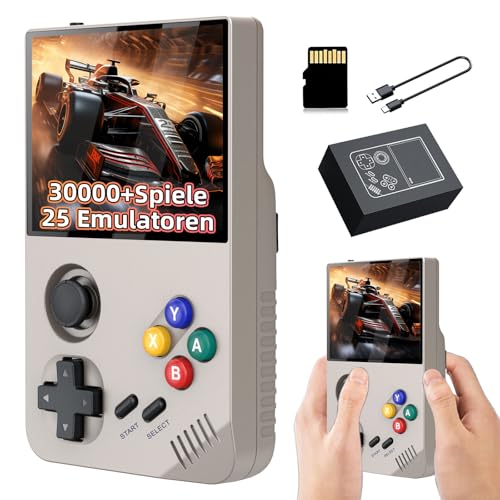 M19 Retro Spiele Konsole 128GB, Handheld Emulator Konsole mit 30.000+ Integrierten Retro Spielen 25 Emulatoren, EmuELEC System, 3,5 Zoll HD Bildschirm, TV Ausgang (Grau) von KINMRIS