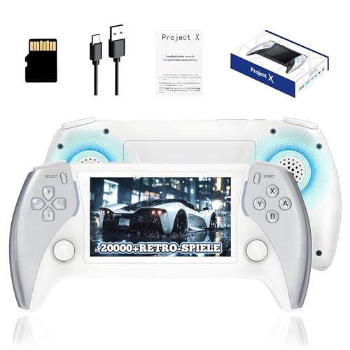 Project X Pro Retro Spiele Konsole 128 GB, Handheld Emulator Konsole mit 20.000+ Integrierten Retro Spielen 15+ Emulatoren, 4,3-Zoll-IPS-HD-Bildschirm, 3D-Dual-Joystick (SilberWeiß) von KINMRIS