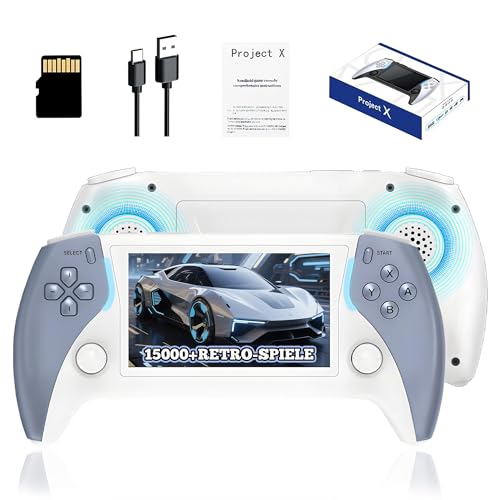 Project X Pro Retro Spiele Konsole 64 GB, Handheld Emulator Konsole mit 15.000+ Integrierten Retro Spielen 15+ Emulatoren, 4,3-Zoll-IPS-HD-Bildschirm, 3D-Dual-Joystick (BlauWeiß) von KINMRIS