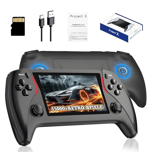 Project X Pro Retro Spiele Konsole 64 GB, Handheld Emulator Konsole mit 15.000+ Integrierten Retro Spielen 15+ Emulatoren, 4,3-Zoll-IPS-HD-Bildschirm, 3D-Dual-Joystick (Schwarz) von KINMRIS