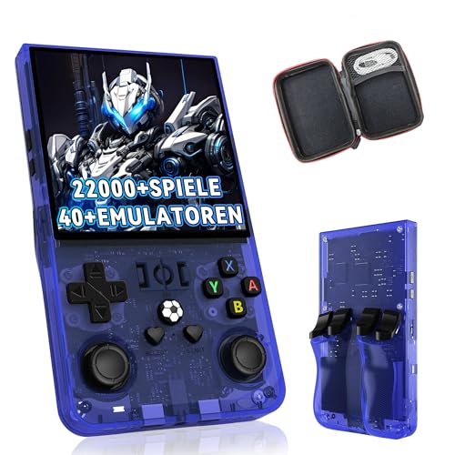 R36MAX Tragbare Handheld Emulator Konsole 128G, Retro Video Gaming Konsole mit eingebauten 22000+ Retro Games 40+ Emulatoren, Open Source Linux System 4.0 Zoll IPS HD Bildschirm(Blau Transluzent) von KINMRIS