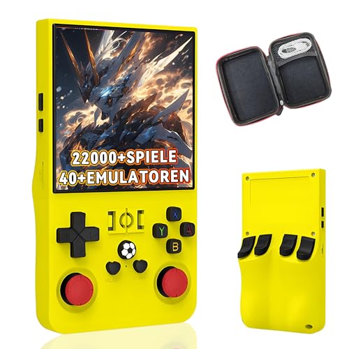 R36MAX Tragbare Handheld Emulator Konsole 128G, Retro Video Spielkonsole mit eingebauten 22000+ Retro Games 40+ Emulatoren, Open Source Linux System 4.0 Zoll IPS HD Bildschirm, 3D Joystick (Gelb) von KINMRIS