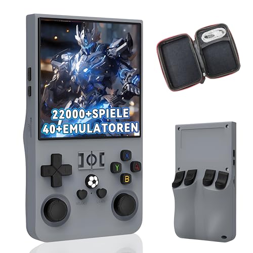 R36MAX Tragbare Handheld Emulator Konsole 128G, Retro Video Spielkonsole mit eingebauten 22000+ Retro Games 40+ Emulatoren, Open Source Linux System 4.0 Zoll IPS HD Bildschirm, 3D Joystick (Grau) von KINMRIS