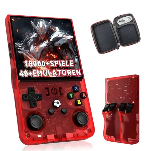 R36MAX Tragbare Handheld Emulator Konsole 64G, Retro Video Gaming Konsole mit eingebauten 18000+ Retro Games 40+ Emulatoren, Open Source Linux System 4.0 Zoll IPS HD Bildschirm(Rot Transluzent) von KINMRIS
