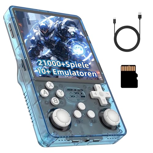 R36Plus Retro Videospielkonsole 128GB, Tragbare Handheld Spielkonsole mit Integrierten 21000+ Retro Spielen, 10+ Emulatoren, 4-Zoll-HD-Bildschirm, 720 x 720, Unterstützt WLAN, 3D Joystick (Hellblau) von KINMRIS