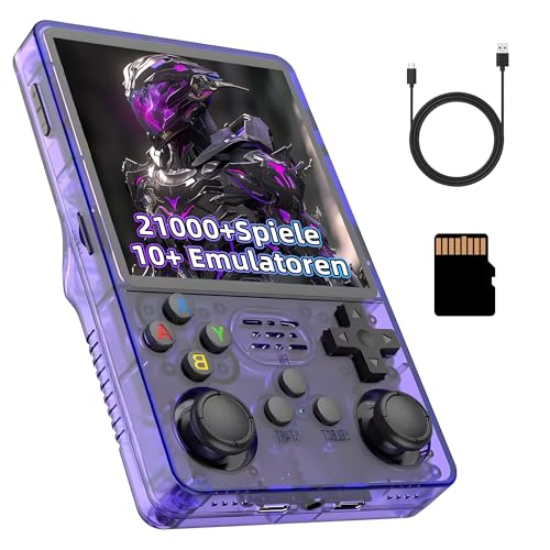 R36Plus Retro Videospielkonsole 128GB, Tragbare Handheld Spielkonsole mit Integrierten 21000+ Retro Spielen, 10+ Emulatoren, 4-Zoll-HD-Bildschirm, 720 x 720, Unterstützt WLAN, 3D Joystick (Lila) von KINMRIS