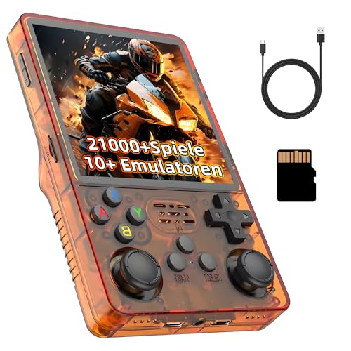 R36Plus Retro Videospielkonsole 128GB, Tragbare Handheld Spielkonsole mit Integrierten 21000+ Retro Spielen, 10+ Emulatoren, 4-Zoll-HD-Bildschirm, 720 x 720, Unterstützt WLAN, 3D Joystick (Orange) von KINMRIS