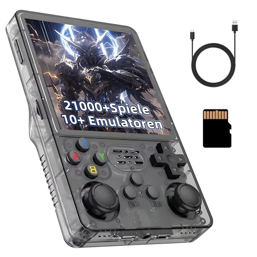R36Plus Retro Videospielkonsole 128GB, Tragbare Handheld Spielkonsole mit Integrierten 21000+ Retro Spielen, 10+ Emulatoren, 4-Zoll-HD-Bildschirm, 720 x 720, Unterstützt WLAN, 3D Joystick (Schwarz) von KINMRIS