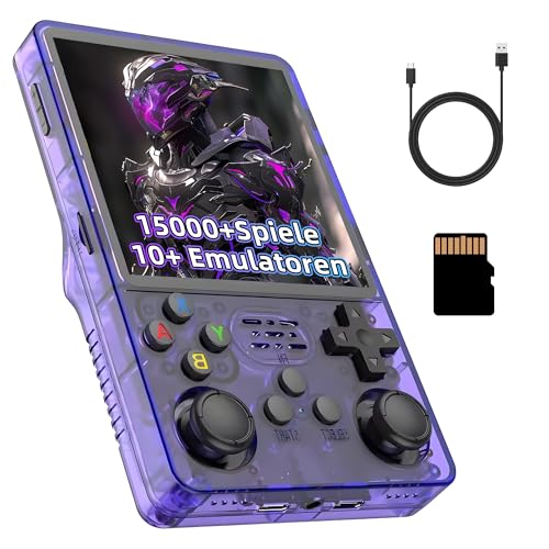 R36Plus Retro Videospielkonsole 64GB, Tragbare Handheld Spielkonsole mit Integrierten 15000+ Retro Spielen, 10+ Emulatoren, 4-Zoll-HD-Bildschirm, 720 x 720, Unterstützt WLAN, 3D Joystick (Lila) von KINMRIS