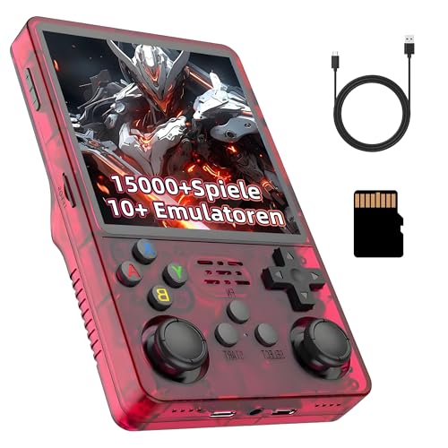 R36Plus Retro Videospielkonsole 64GB, Tragbare Handheld Spielkonsole mit Integrierten 15000+ Retro Spielen, 10+ Emulatoren, 4-Zoll-HD-Bildschirm, 720 x 720, Unterstützt WLAN, 3D Joystick (Rot) von KINMRIS