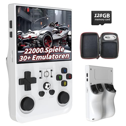 R36Pro Retro Spielkonsole 128GB, Tragbare Emulator Konsole mit 22000+ Videospielen 30+ Emulatoren, Linux System, 3,5 Zoll HD Bildschirm, WLAN Unterstützung, 7 Farbige Joysticks (Weiß) von KINMRIS