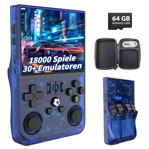 R36Pro Retro Spielkonsole 64GB, Tragbare Emulator Konsole mit 18000+ Videospielen 30+ Emulatoren, Linux System, 3,5 Zoll HD Bildschirm, WLAN Unterstützung, 7 Farbige Joysticks (Transparent Blau) von KINMRIS