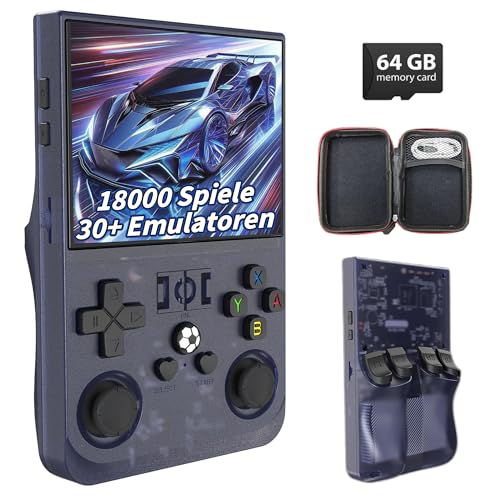 R36Pro Retro Spielkonsole 64GB, Tragbare Emulator Konsole mit 18000+ Videospielen 30+ Emulatoren, Linux System, 3,5 Zoll HD Bildschirm, WLAN Unterstützung, 7 Farbige Joysticks (Transparent Grau) von KINMRIS
